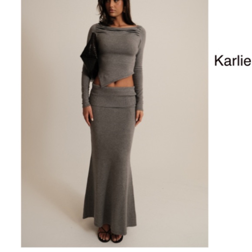 Meshki Karlie Gray Knit Asymmetric top and Maxi Skirt set